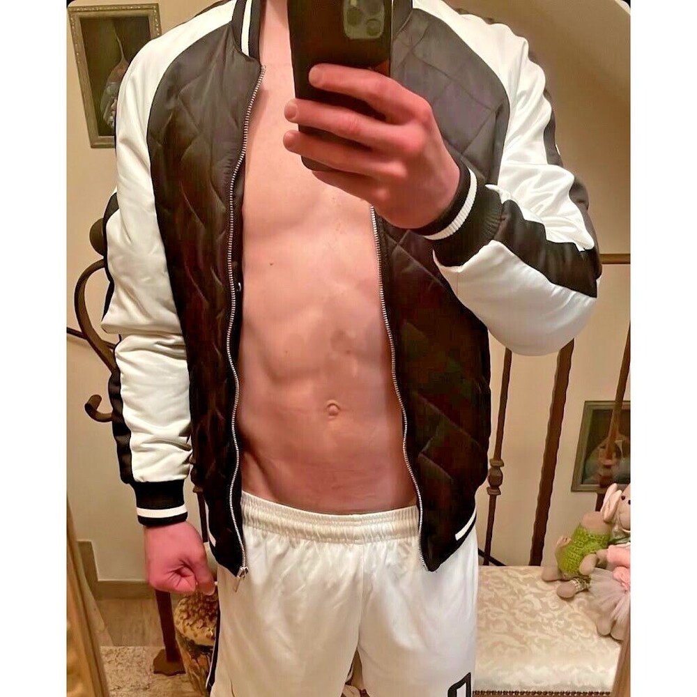 Zara Vintage Man Bomber Satin Silky Glanz Jacket Nylon Shiny Black White S